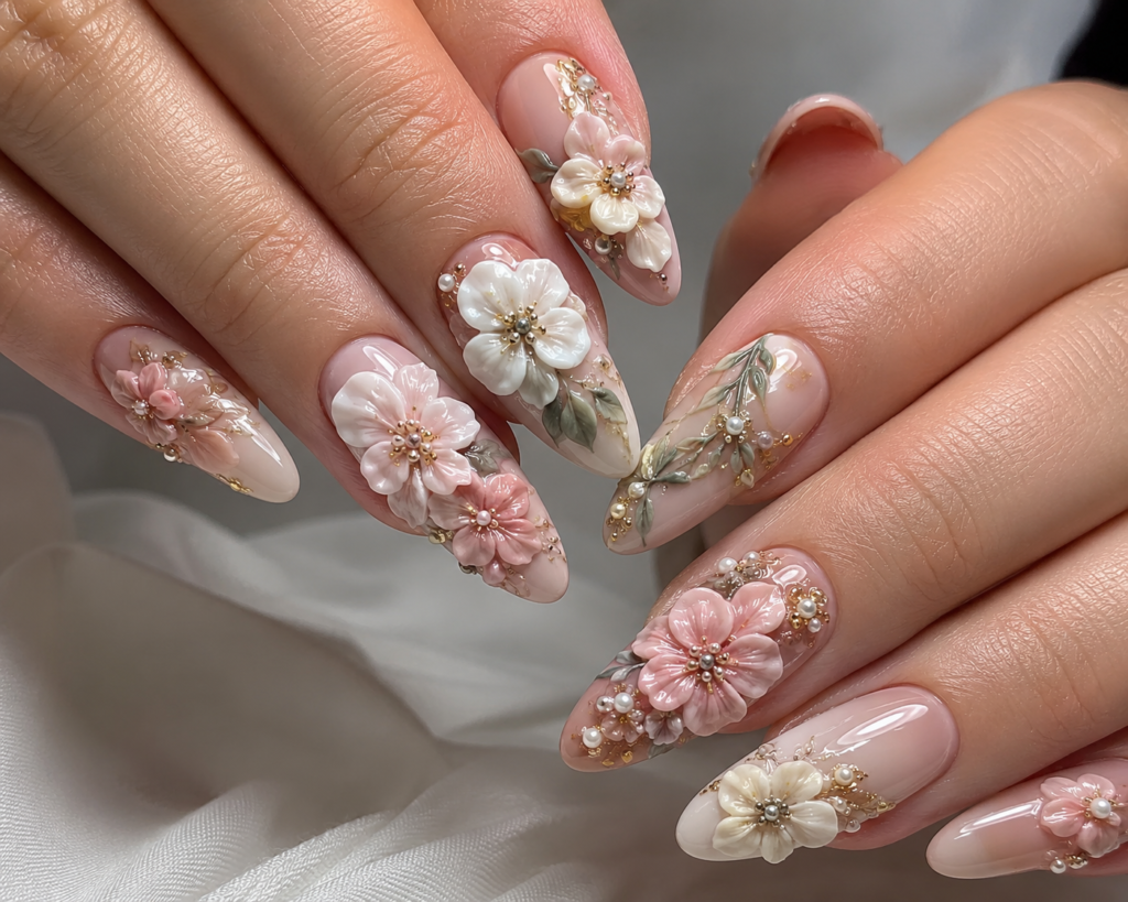 3D floral appliqués nails