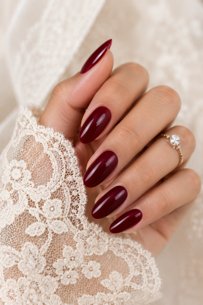 wine-red glossy nails