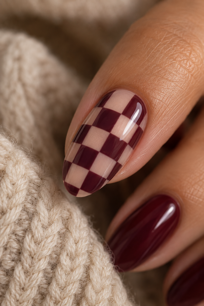 Checkered Plum Accent Nail