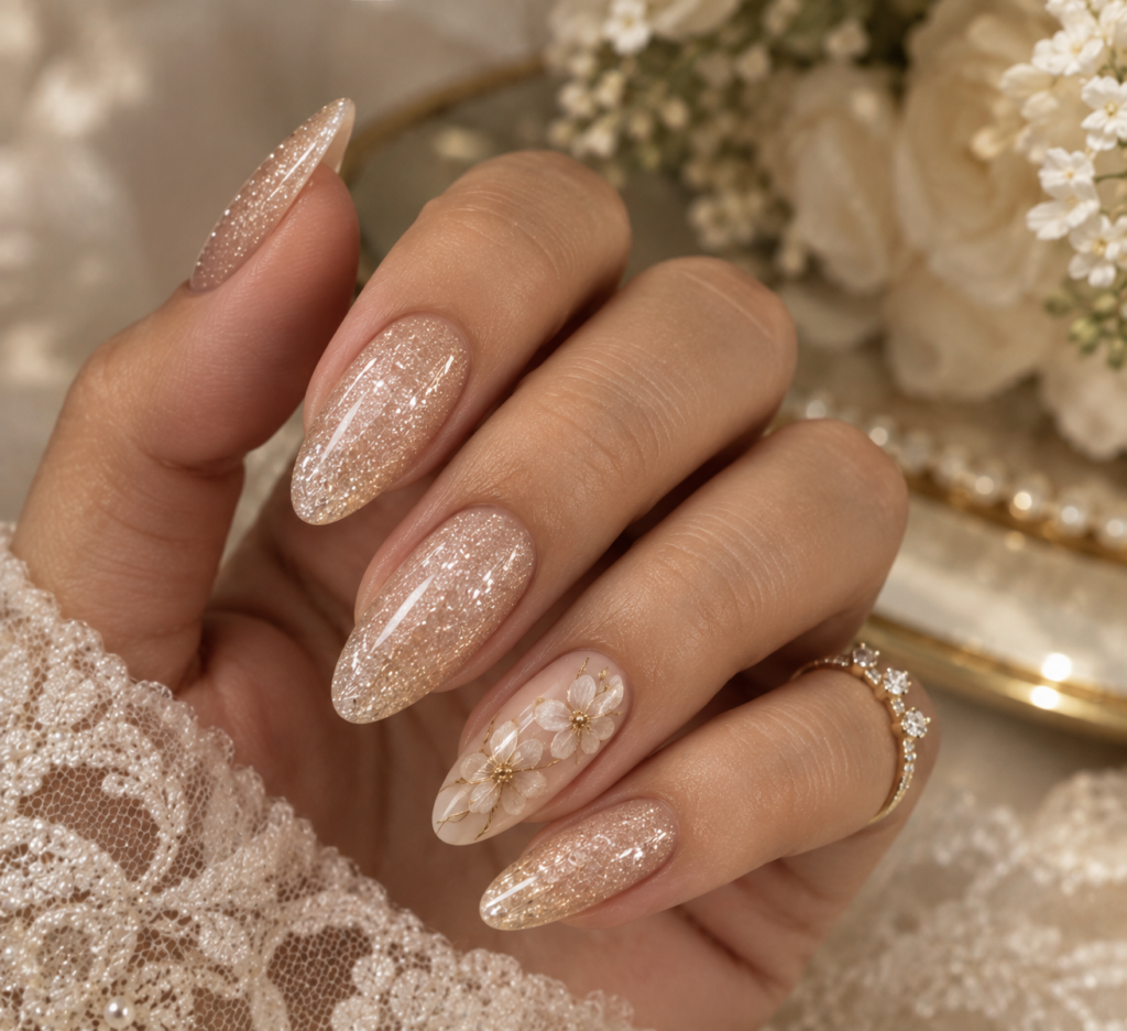 Champagne Glitter with a Floral Accent Nail