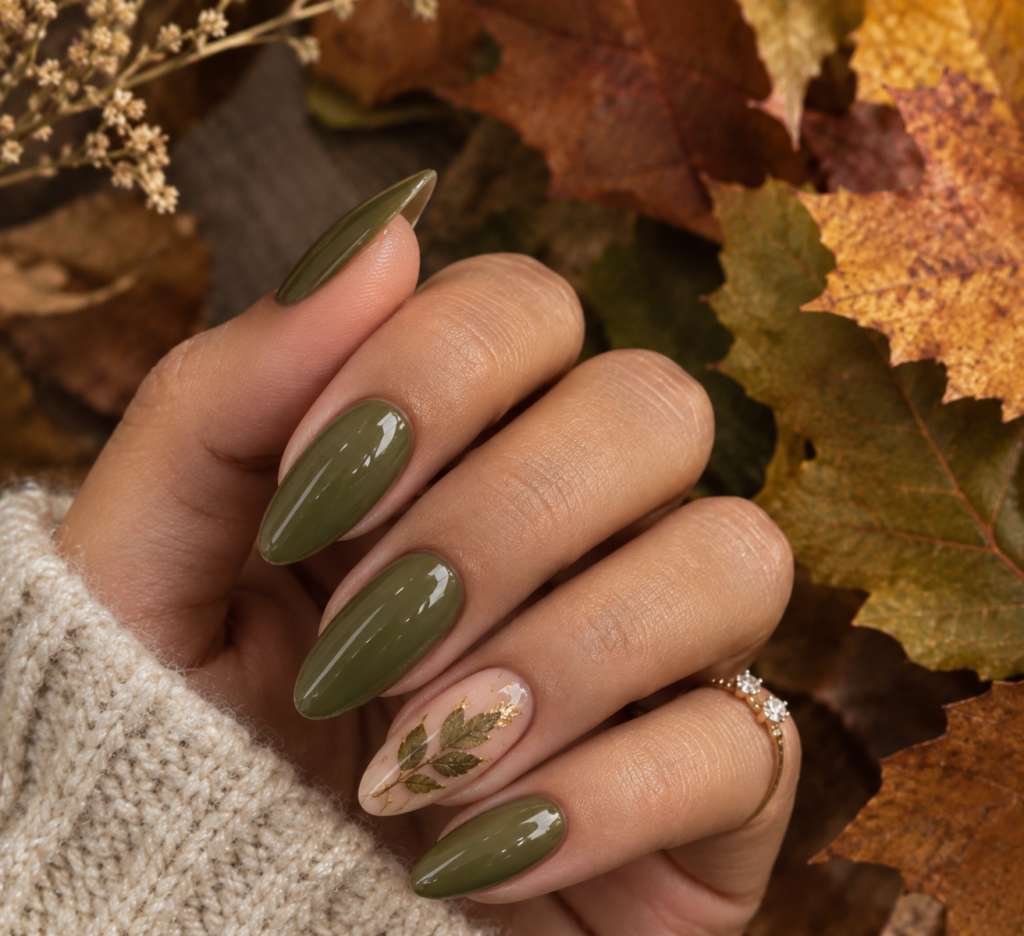Olive Green with a Pressed Leaf Accent