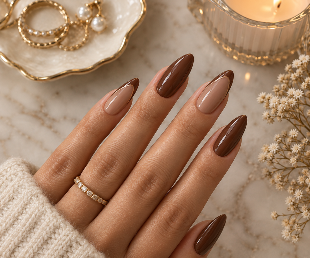 Two-Tone Brown Almond Nails