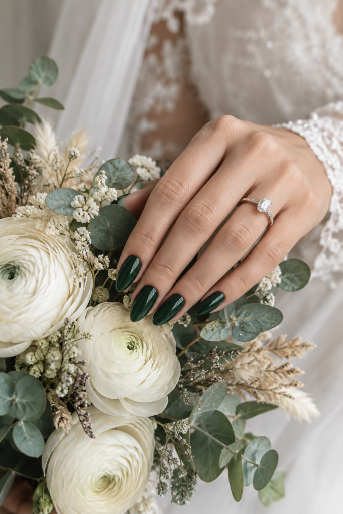 Forest green wedding nails on a bride's hand holding a eucalyptus bouquet