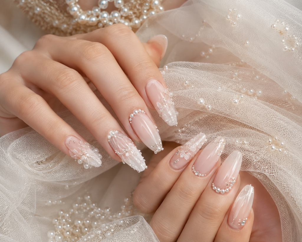 tulle inspired bridal nails
