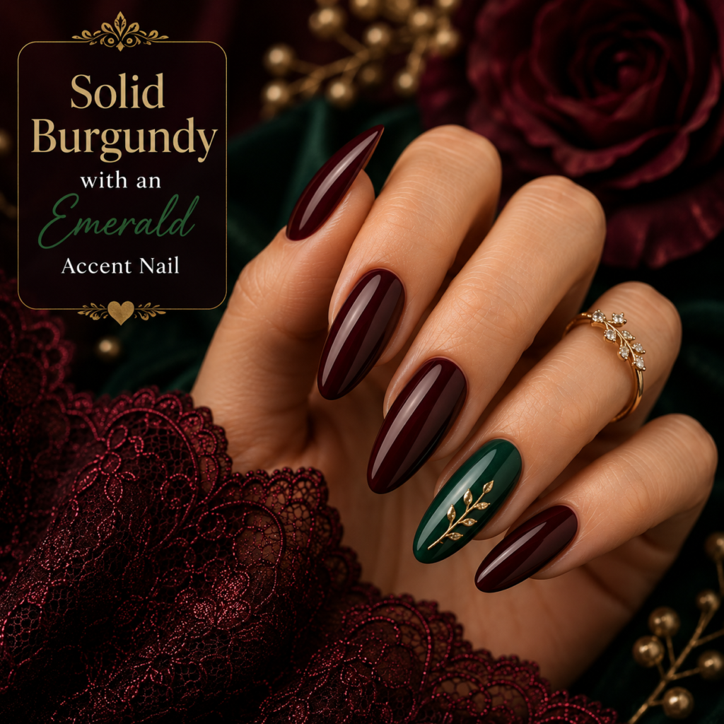 Solid Burgundy with an Emerald Accent Nail