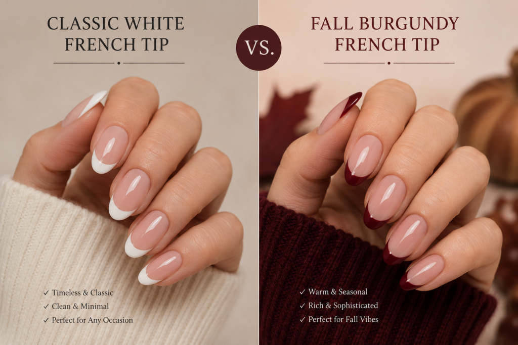 comparison of classic white French tip vs. fall burgundy French tip