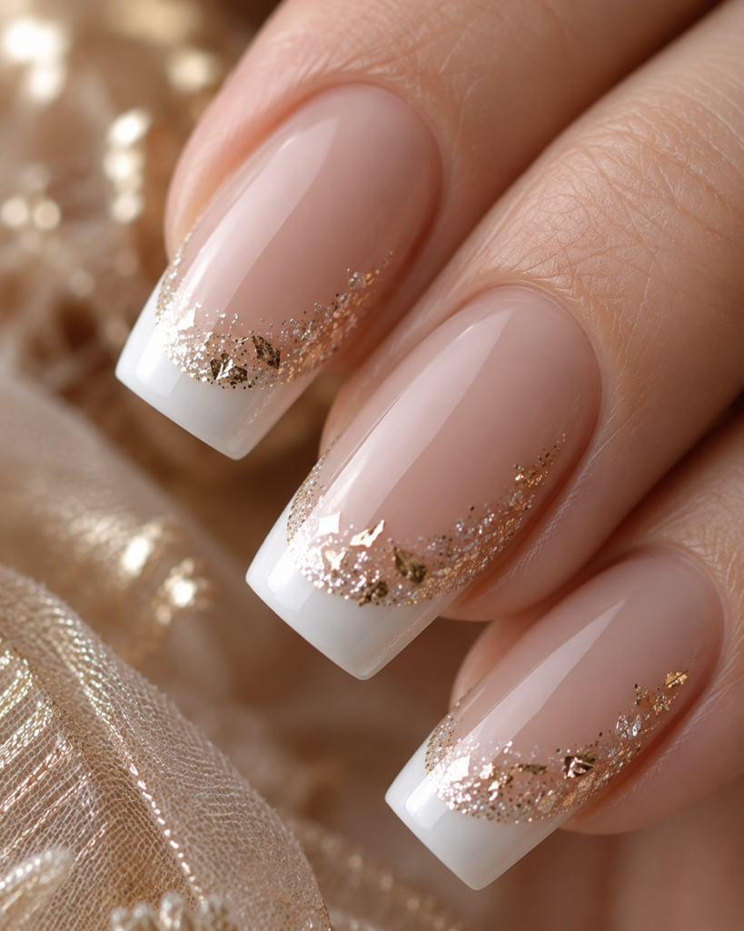 gold foil and glitter accented French tip nail