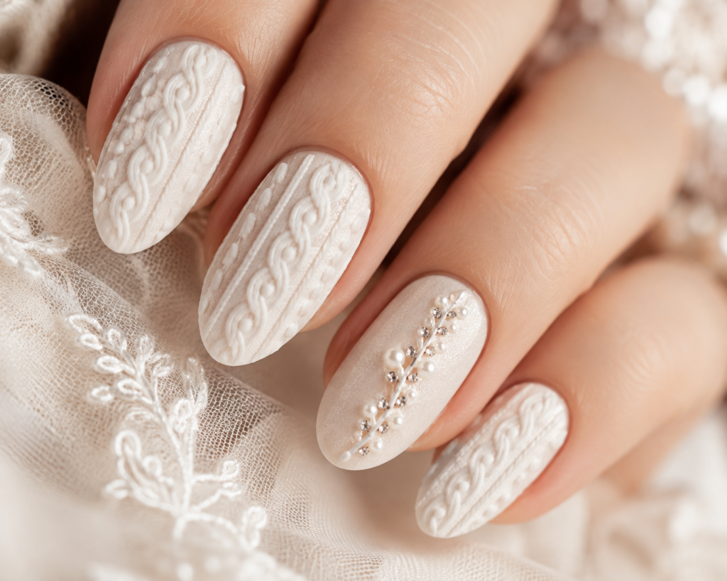 cable-knit textured bridal nail design