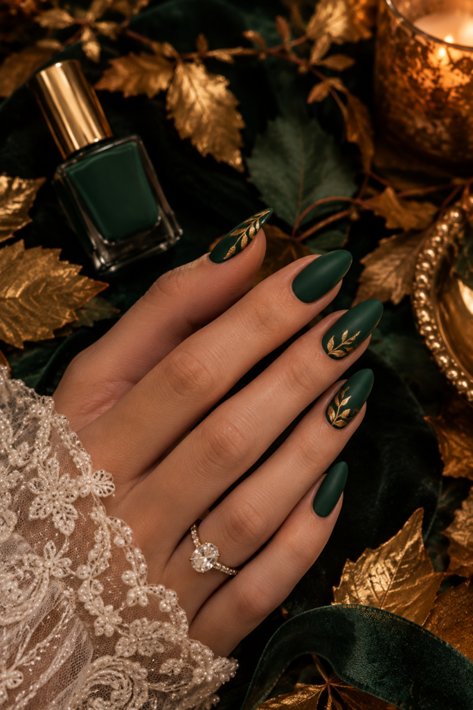 Emerald Gold Autumn Bridal Manicure