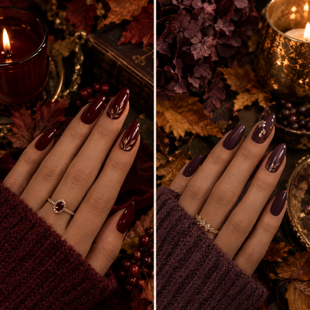 Autumn Burgundy and Plum Nail Art