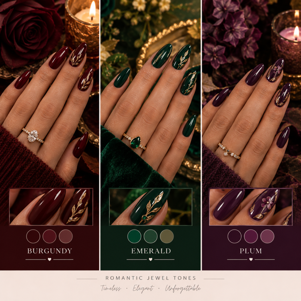 Romantic Jewel Tones: Burgundy, Emerald, Plum nails