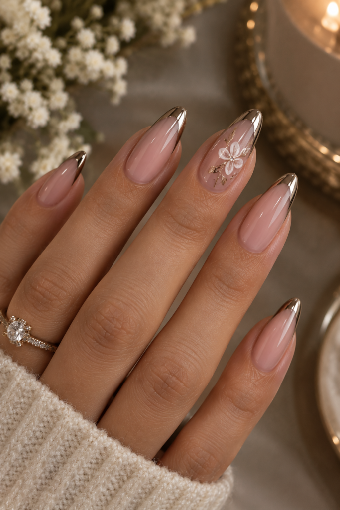  French tip manicure with a single floral accent nail