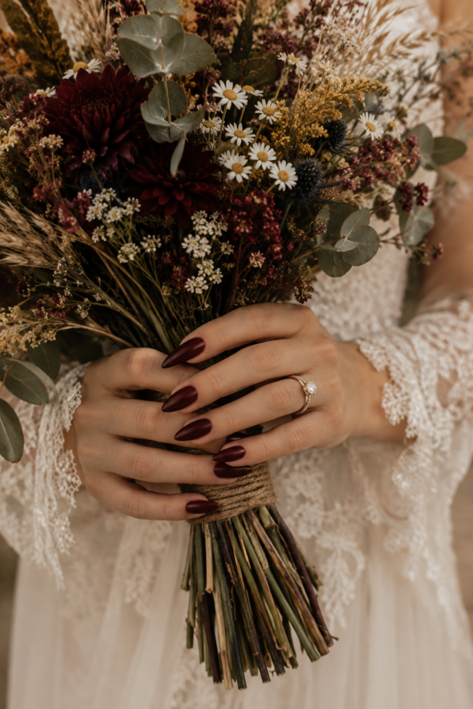 Rustic Bridal Bouquet and Burgundy Nails