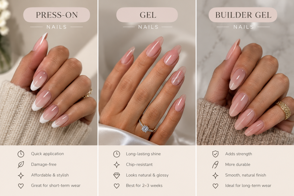  three manicured hands side by side labeled press-on, gel, and builder gel]