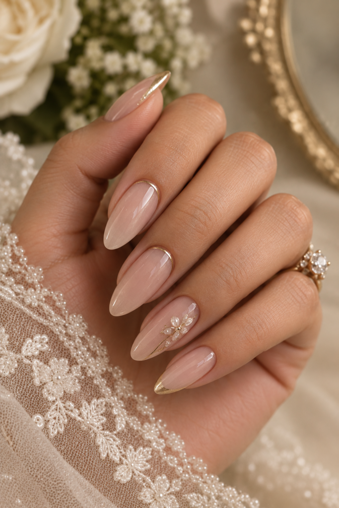 Elegant Gold-Accented Bridal Manicure